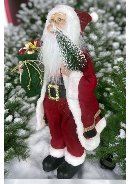 Yılbaşı Süsü Noel Baba Biblo Figür Büyük Boy 45CM -Elinde Çam Ağacı ve Hediye Çuvalı ile