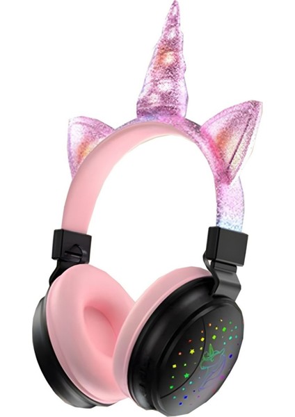 Premium Kids Serisi Unicorn LED Işıklı Çocuk Için Mikrofonlu J34 Kablosuz Bluetooth Kulaklık Pembe Unicornlu Kız Çocuklar Kedi Oyuncu Nry