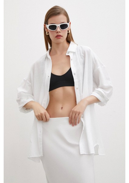 Oversize Keten Gömlek Beyaz modelleri