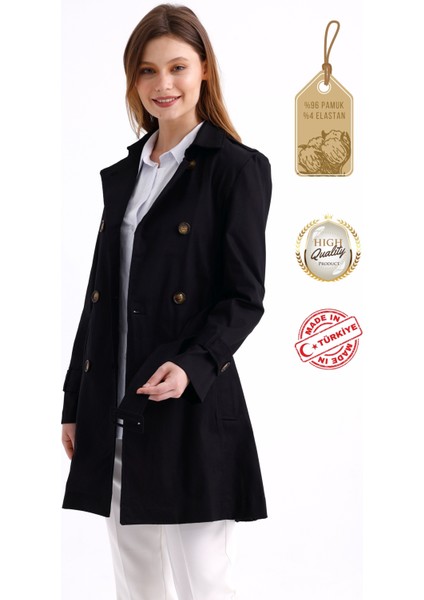 Esnek Pamuk Gabardin Kısa (80CM) Omuz Apoletli Kemerli Kadın Trençkot 1120