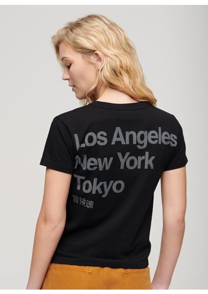 Yuvarlak Yaka Baskılı Siyah Kadın T-Shirt W1011432A