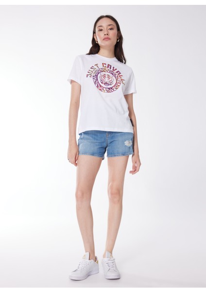 Yuvarlak Yaka Baskılı Beyaz Kadın T-Shirt 76PAHC08
