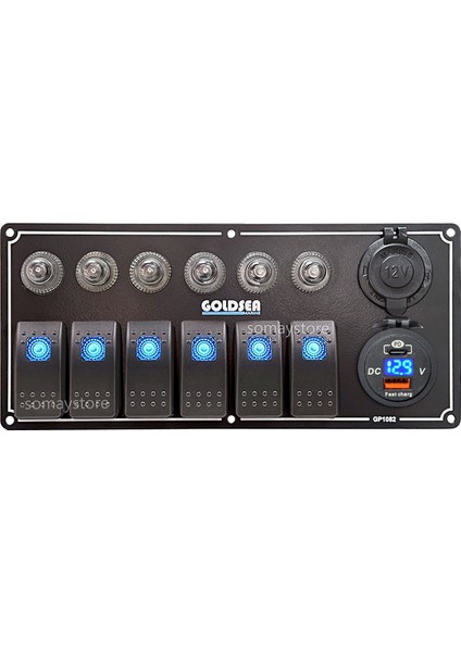 Switch Panel Otomatik Sigortalı Şarj + Voltmetreli Usb Type-C Soketli 12-24v 105X180mm Mavi