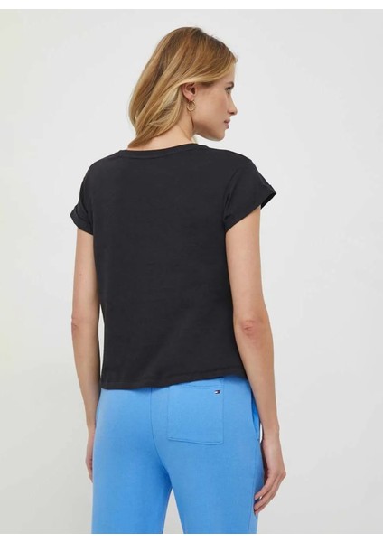 Bisiklet Yaka Baskılı Siyah Kadın T-Shirt PL505751 modelleri