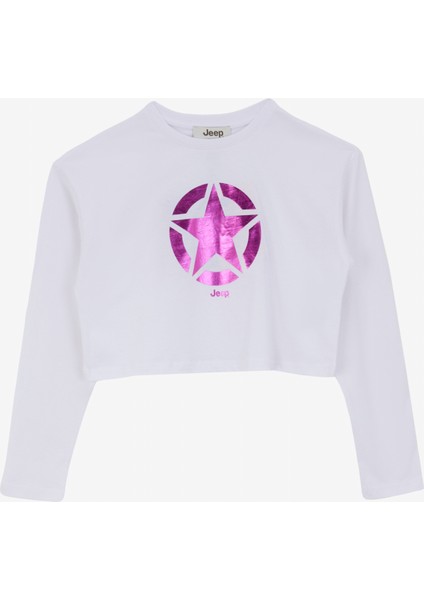 Ekru Kız Çocuk Bisiklet Yaka Oversize Pullu Uzun Kollu T-Shirt J4WG-TST7566