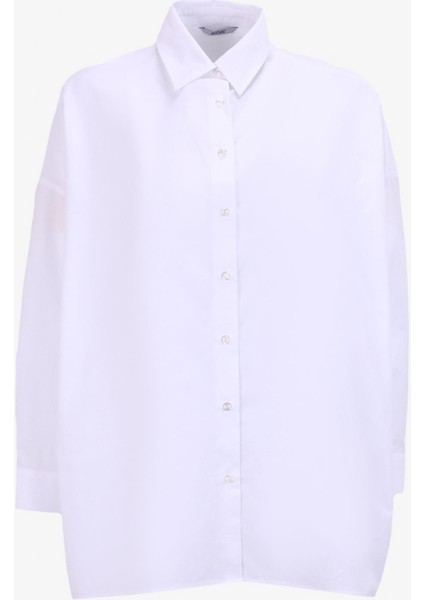 Oversize Gömlek Yaka Çizgili Beyaz Kadın Gömlek M4WL-GML-1185