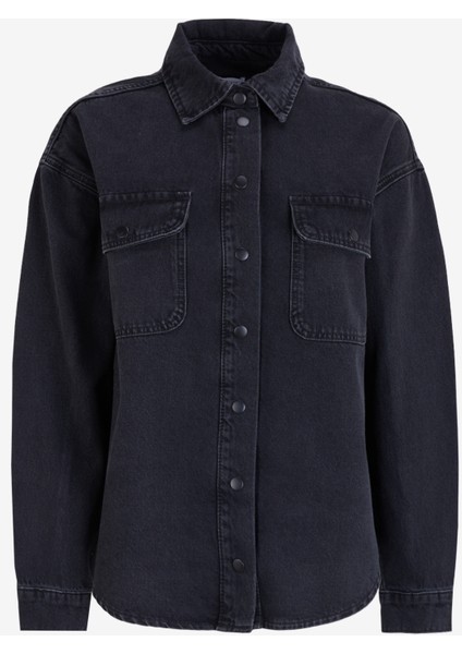 Normal Gömlek Yaka Yıkamalı Siyah Kadın Denim Gömlek M4WL-GML-1299