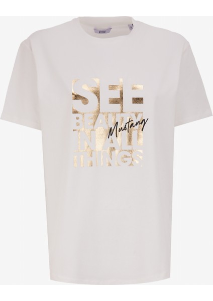 Bisiklet Yaka Baskılı Ekru Kadın T-Shirt M4WL-TST-1094