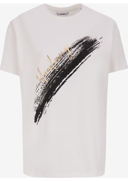 Bisiklet Yaka Varaklı Ekru Kadın T-Shirt M4WL-TST-1963