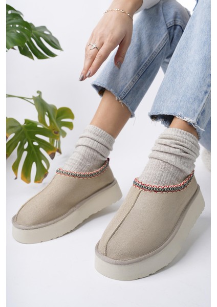 Ling Garantili Kalın Taban Içi Tüylü Yuvarlak Burunlu Kadın Terlik