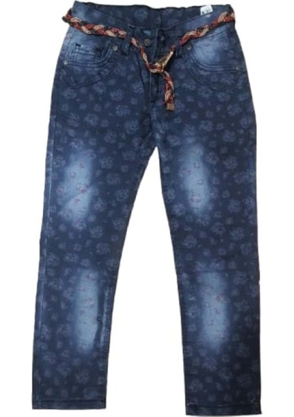 P01197 Çocuk Kız Çiçekli Baskılı Kot Pantolon - Koyu Lacivert