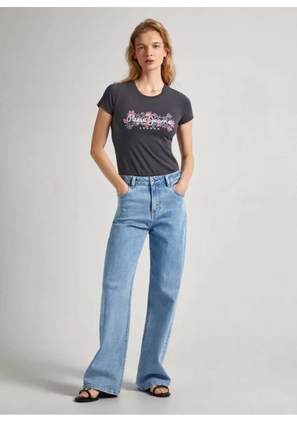 Bisiklet Yaka Baskılı Koyu Gri Kadın T-Shirt PL505834