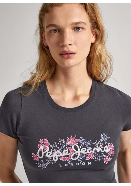 Bisiklet Yaka Baskılı Koyu Gri Kadın T-Shirt PL505834 modelleri