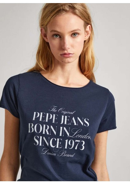 Bisiklet Yaka Baskılı Lacivert Kadın T-Shirt PL505822 modelleri