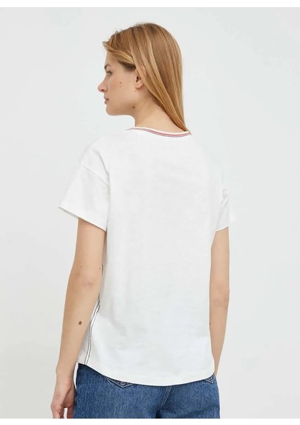 Yuvarlak Yaka Baskılı Ekru Kadın T-Shirt PL505746 modelleri