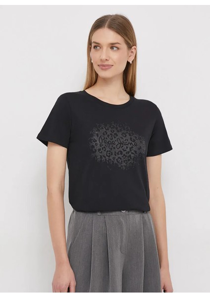 Bisiklet Yaka Baskılı Siyah Kadın T-Shirt PL505747 fiyatları