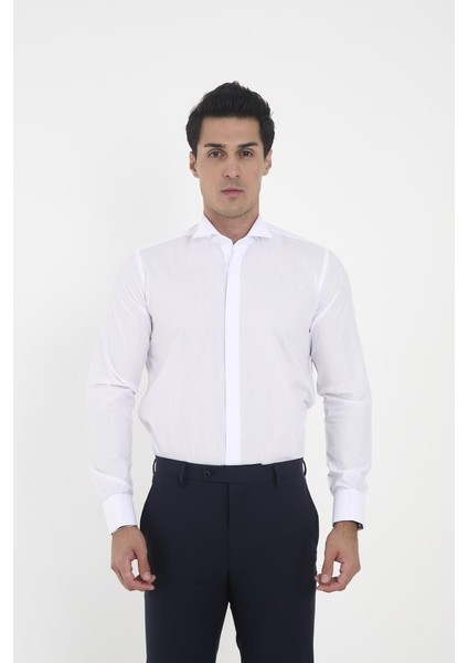 Beyaz Ata Yaka Damatlık Slim Fit Gömlek ( Kol Düğmesi Hediye ) M