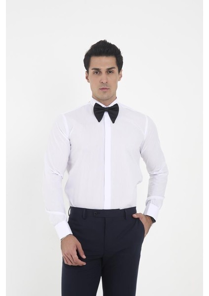 Beyaz Ata Yaka Damatlık Slim Fit Gömlek ( Kol Düğmesi Hediye ) M modelleri