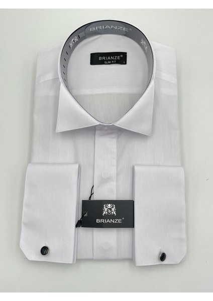 Beyaz Ata Yaka Damatlık Slim Fit Gömlek ( Kol Düğmesi Hediye ) M
