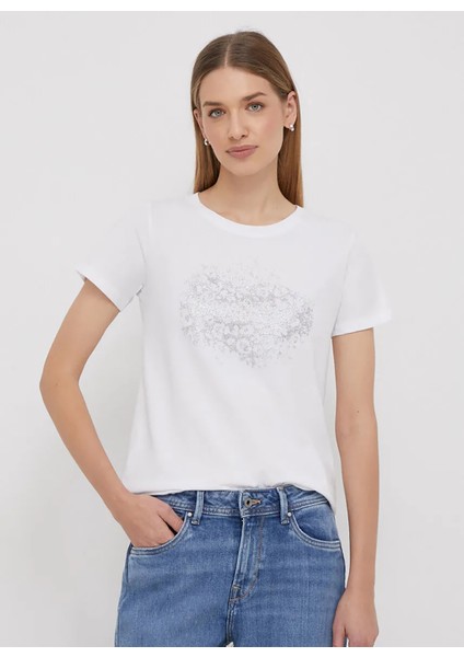 Bisiklet Yaka Baskılı Beyaz Kadın T-Shirt PL505747 fiyatları