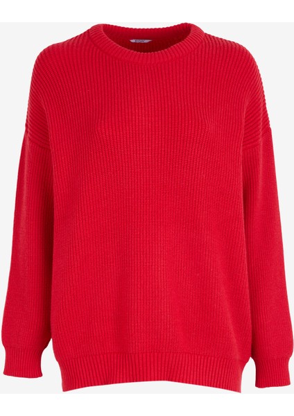 Bisiklet Yaka Loose Fit Örgü Desenli Kırmızı Kazak Kadın M4WL-KZK-1944