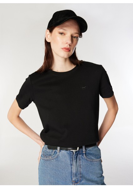 Bisiklet Yaka Nakışlı Siyah Kadın T-Shirt M4WL-TST-1903
