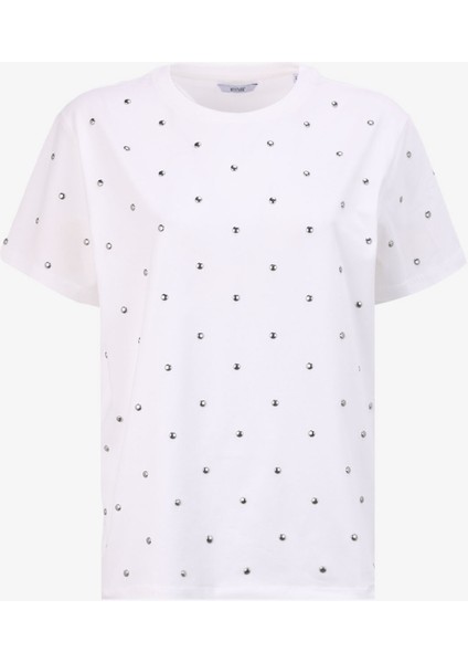 Bisiklet Yaka Taşlı Ekru Kadın T-Shirt M4WL-TST-1900