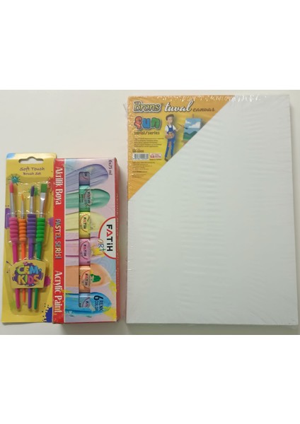 Akrilik Boya Pastel 6 Renk 75ML - Cem Fırça Seti 4lü - Brons Tuval 25*35
