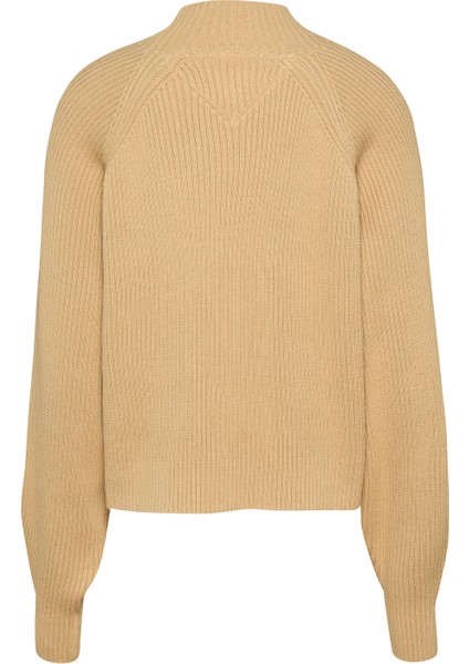 Dik Yaka Standart Nakışlı Bej Kazak Kadın Tjw Badge Mockneck Sweater