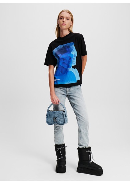 Yuvarlak Yaka Baskılı Siyah Kadın T-Shirt 246J1707