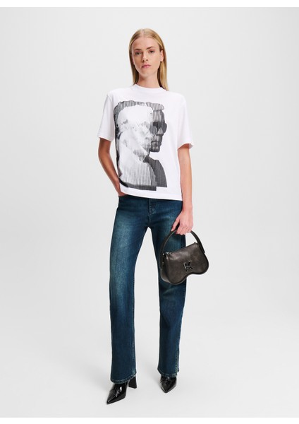 Yuvarlak Yaka Baskılı Beyaz Kadın T-Shirt 246J1707