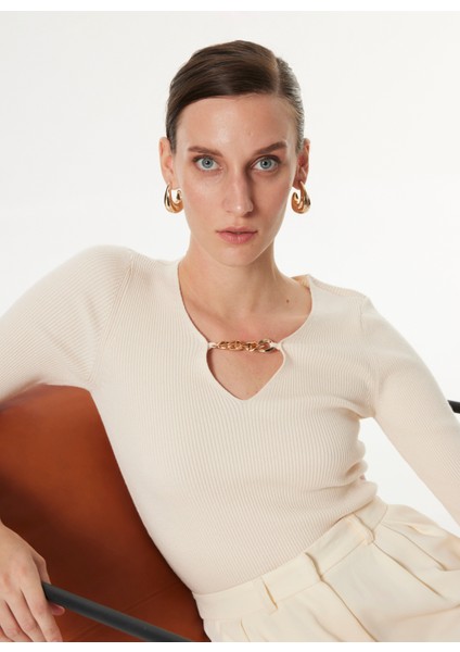 V Yaka Dar Fitilli Bej Kazak Kadın F4WL-KZK W62