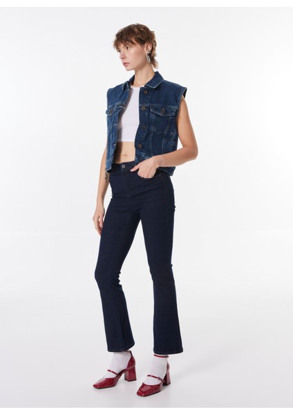 Normal Bel Düz Paça Flare Lacivert Kadın Denim Pantolon Georgıa Skınny Flared