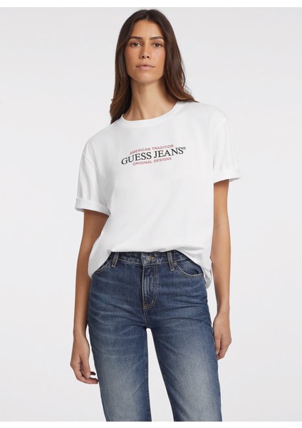 Beyaz Kadın Bisiklet Yaka Box Fit Desenli T-Shirt Gj Ss Cn Os Amerıcan - Organıc Cott fiyatları