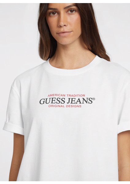 Beyaz Kadın Bisiklet Yaka Box Fit Desenli T-Shirt Gj Ss Cn Os Amerıcan - Organıc Cott modelleri
