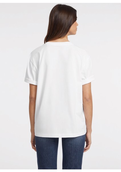 Beyaz Kadın Bisiklet Yaka Box Fit Desenli T-Shirt Gj Ss Cn Os Amerıcan - Organıc Cott fırsatları