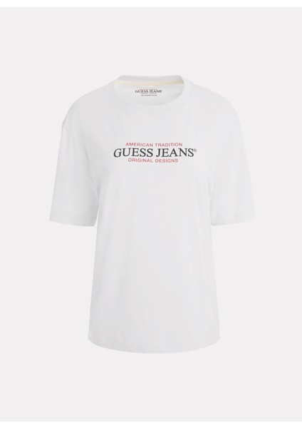 Beyaz Kadın Bisiklet Yaka Box Fit Desenli T-Shirt Gj Ss Cn Os Amerıcan - Organıc Cott indirimleri