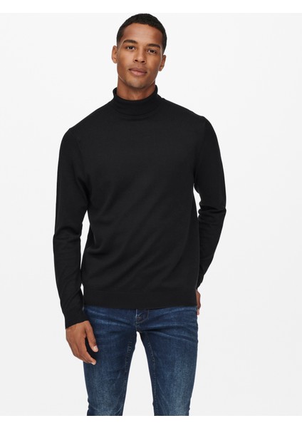 Dik Yaka Normal Düz Siyah Erkek Kazak Onswyler Lıfe Reg 14 Roll Knıt Noos modelleri