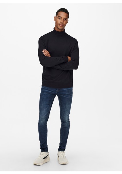 Dik Yaka Normal Düz Siyah Erkek Kazak Onswyler Lıfe Reg 14 Roll Knıt Noos fırsatları