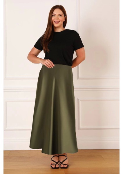 Büyük Beden Lastikli Fermuarlı Saten Kloş Uzun Etek