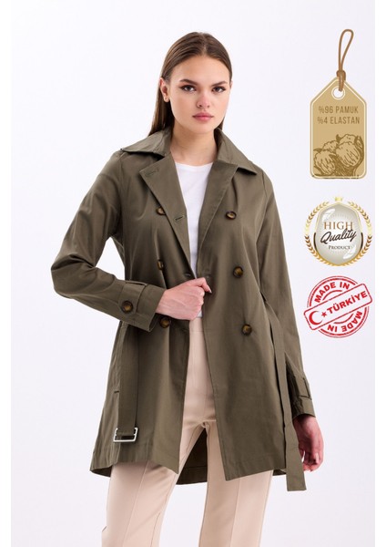 Esnek Pamuk Gabardin Kısa 80 cm Omuz Apoletli Kemerli Kadın Trençkot 1120