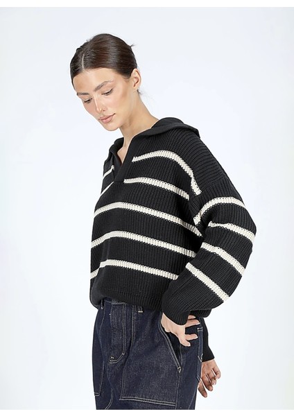 Polo Yaka Normal Çizgili Ekru - Lacivert Kazak Kadın 251 Lcf 241018 Cop Lacivert-Ekru