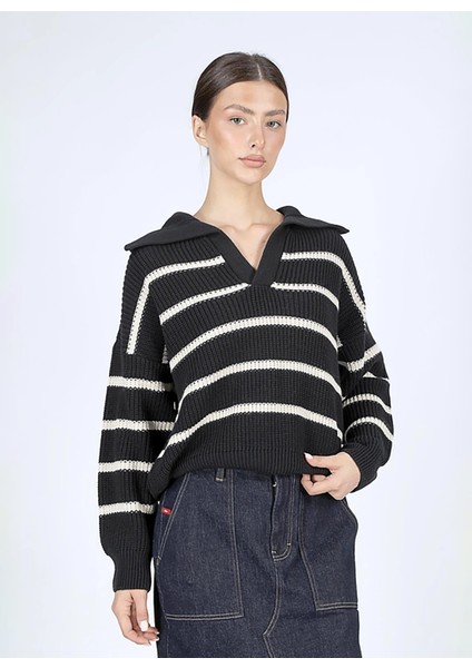 Polo Yaka Normal Çizgili Ekru - Lacivert Kazak Kadın 251 Lcf 241018 Cop Lacivert-Ekru