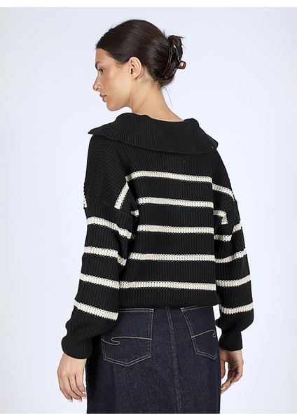 Polo Yaka Normal Çizgili Ekru - Lacivert Kazak Kadın 251 Lcf 241018 Cop Lacivert-Ekru