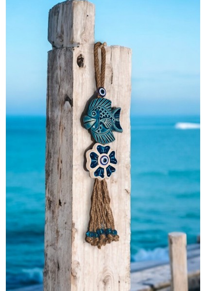 Nazar Boncuklu Seramik Balık Desenli 5 Yapraklı Yonca Dekoratifli Çok Amaçlı Duvar Süs Eşyası 9X35CM modelleri