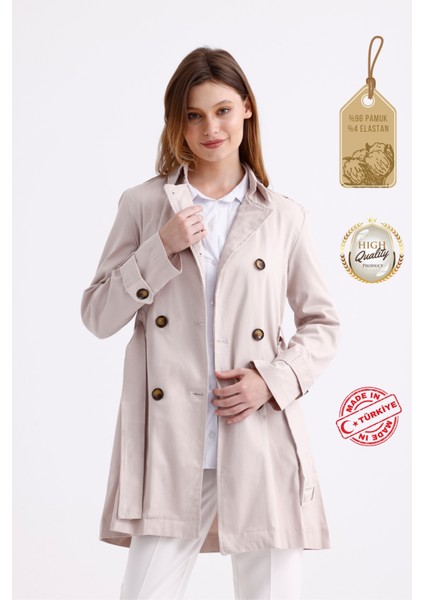 Esnek Pamuk Gabardin Kısa (80CM) Omuz Apoletli Kemerli Kadın Trençkot 1120