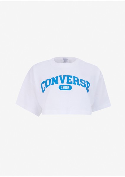 Beyaz Kadın Yuvarlak Yaka Crop Top Baskılı T-Shirt Converse Sporty Cropped Tee Whıte
