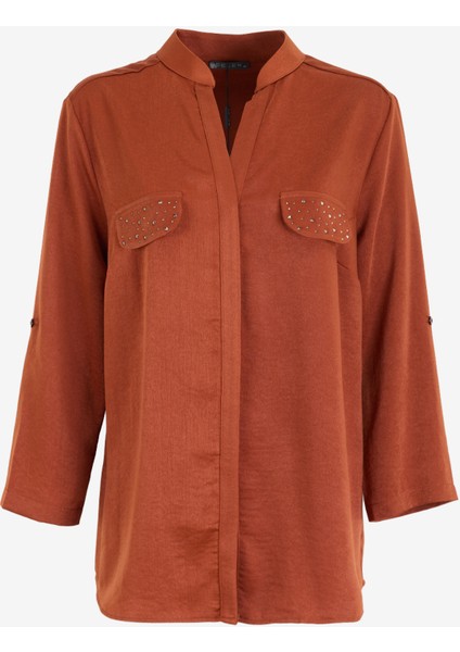 Hakim Yaka Taşlı Kiremit Kadın Bluz 24KSL8942-BB