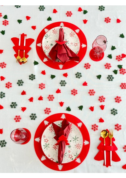 Yılbaşı Temalı Kırmızı Amerikan Servisi 6 Kişilik,yılbaşı Temalı Kırmızı Supla Seti,yılbaşı Masa Dekoru,masa Süslemeleri