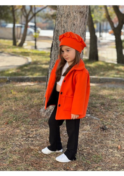 Kız Çocuk Şapkalı Kışlık Kaşe Kaban - Orange